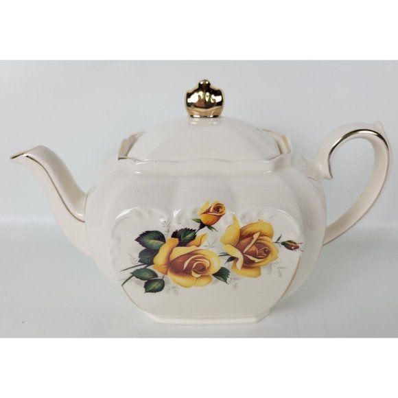 Vintage‎ Sadler England Cube Teapot Yellow Roses w. Gold Trim - Picture 1 of 15